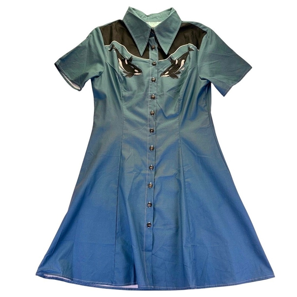 Boozelele Womens Teal Orca Whale Western Button Down Shirt Dress M Rockabilly